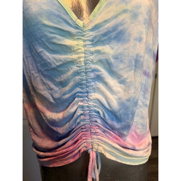 Gaze Rainbow Tie Dye Ruched Tie Short Sleeve Crop Top - Picture 3 of 6